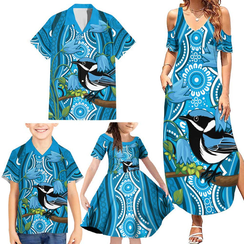 Australia Bluebell Creeper With Superb Blue Wren Family Matching Summer Maxi Dress and Hawaiian Shirt Aboriginal Art