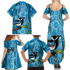 Australia Bluebell Creeper With Superb Blue Wren Family Matching Summer Maxi Dress and Hawaiian Shirt Aboriginal Art