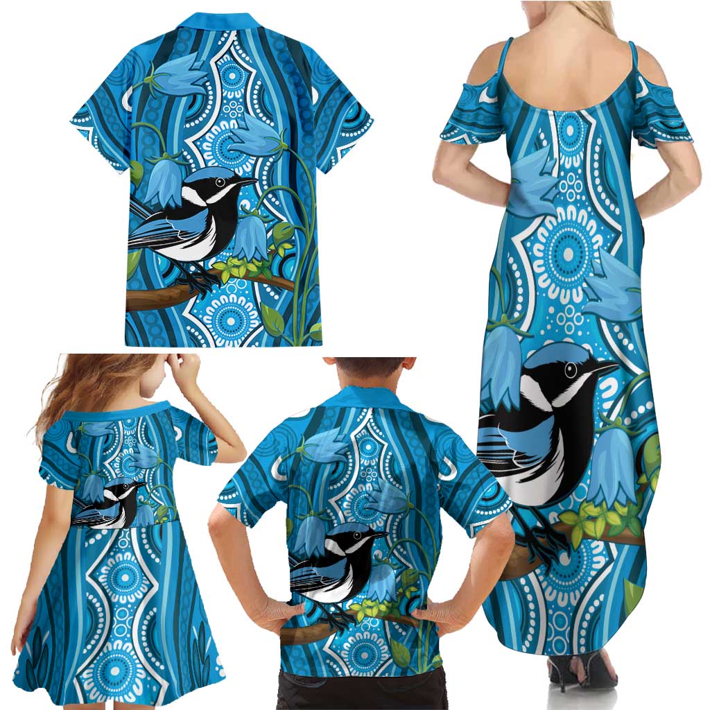 Australia Bluebell Creeper With Superb Blue Wren Family Matching Summer Maxi Dress and Hawaiian Shirt Aboriginal Art