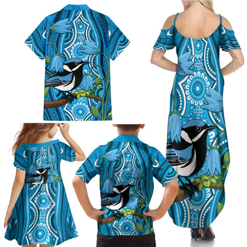 Australia Bluebell Creeper With Superb Blue Wren Family Matching Summer Maxi Dress and Hawaiian Shirt Aboriginal Art