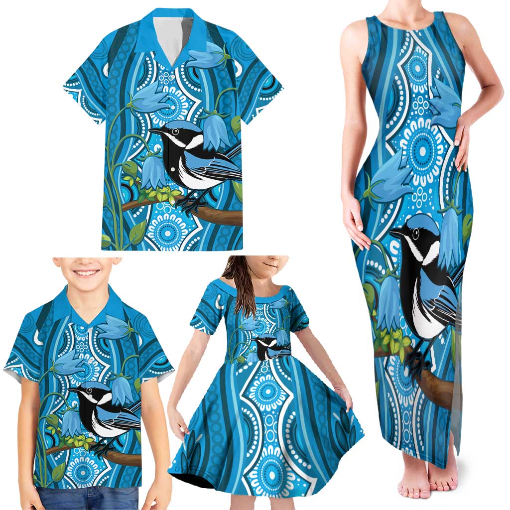 Australia Bluebell Creeper With Superb Blue Wren Family Matching Tank Maxi Dress and Hawaiian Shirt Aboriginal Art