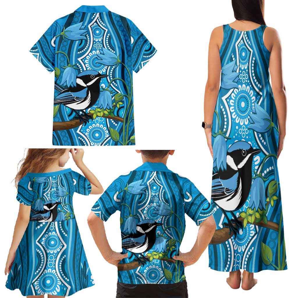 Australia Bluebell Creeper With Superb Blue Wren Family Matching Tank Maxi Dress and Hawaiian Shirt Aboriginal Art