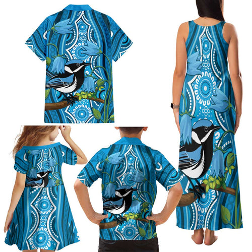 Australia Bluebell Creeper With Superb Blue Wren Family Matching Tank Maxi Dress and Hawaiian Shirt Aboriginal Art