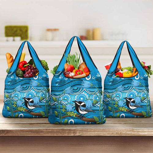 Australia Bluebell Creeper With Superb Blue Wren Grocery Bag Aboriginal Art