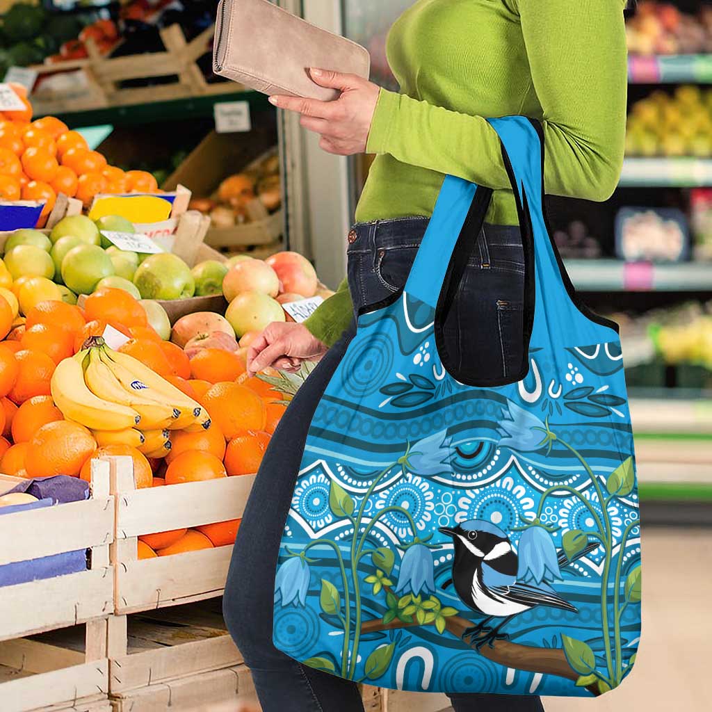 Australia Bluebell Creeper With Superb Blue Wren Grocery Bag Aboriginal Art