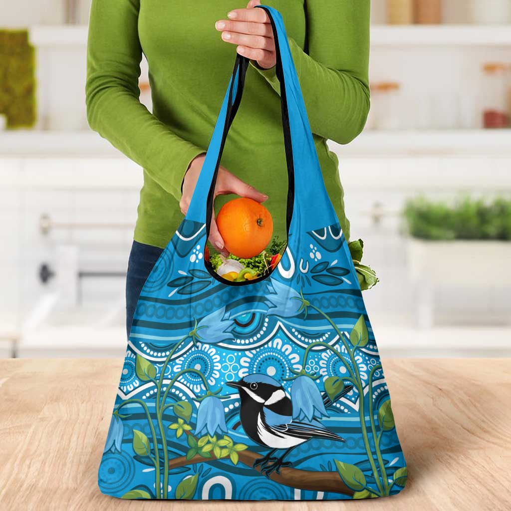 Australia Bluebell Creeper With Superb Blue Wren Grocery Bag Aboriginal Art
