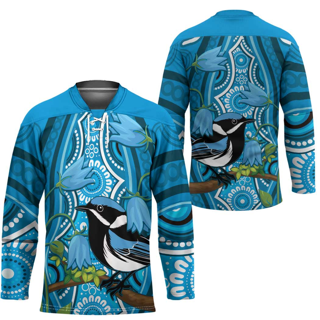 Australia Bluebell Creeper With Superb Blue Wren Hockey Jersey Aboriginal Art - Aussie Hoodie