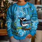 Australia Bluebell Creeper With Superb Blue Wren Kid Ugly Christmas Sweater Aboriginal Art - Aussie Hoodie