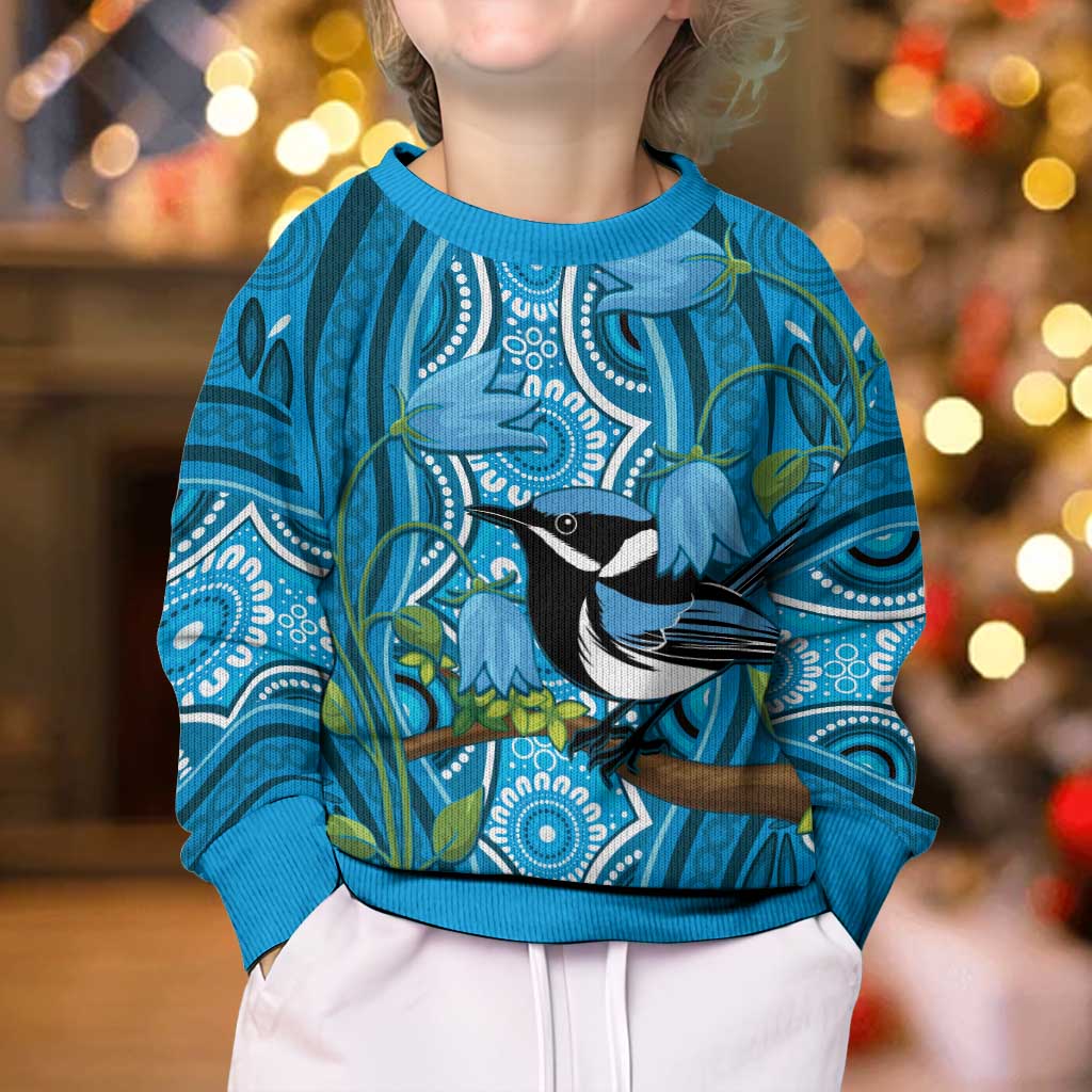 Australia Bluebell Creeper With Superb Blue Wren Kid Ugly Christmas Sweater Aboriginal Art - Aussie Hoodie