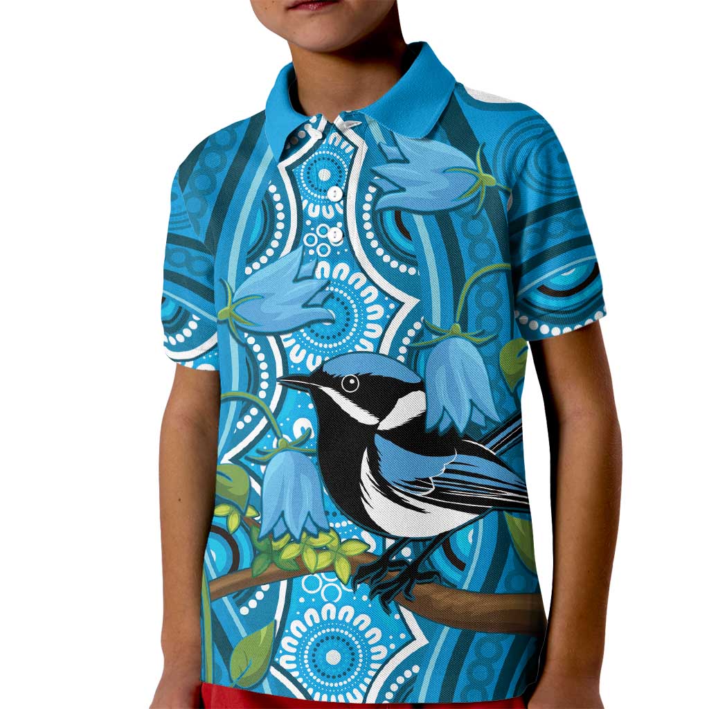 Australia Bluebell Creeper With Superb Blue Wren Kid Polo Shirt Aboriginal Art