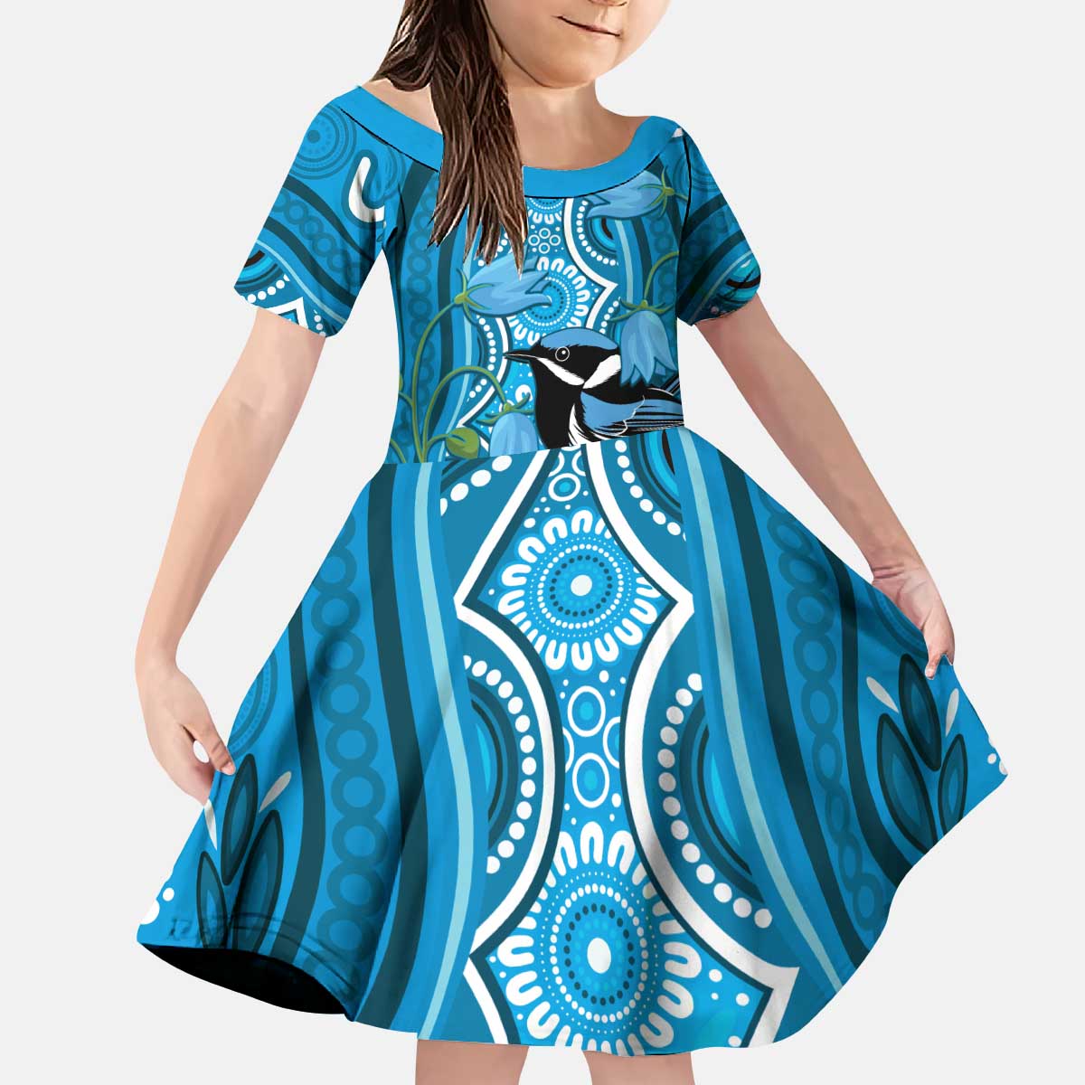 Australia Bluebell Creeper With Superb Blue Wren Kid Short Sleeve Dress Aboriginal Art