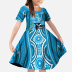Australia Bluebell Creeper With Superb Blue Wren Kid Short Sleeve Dress Aboriginal Art
