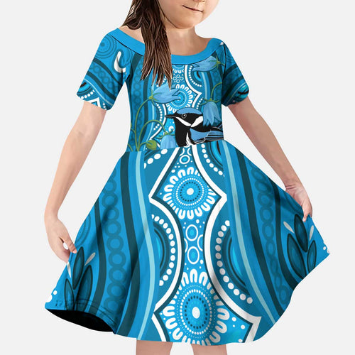 Australia Bluebell Creeper With Superb Blue Wren Kid Short Sleeve Dress Aboriginal Art