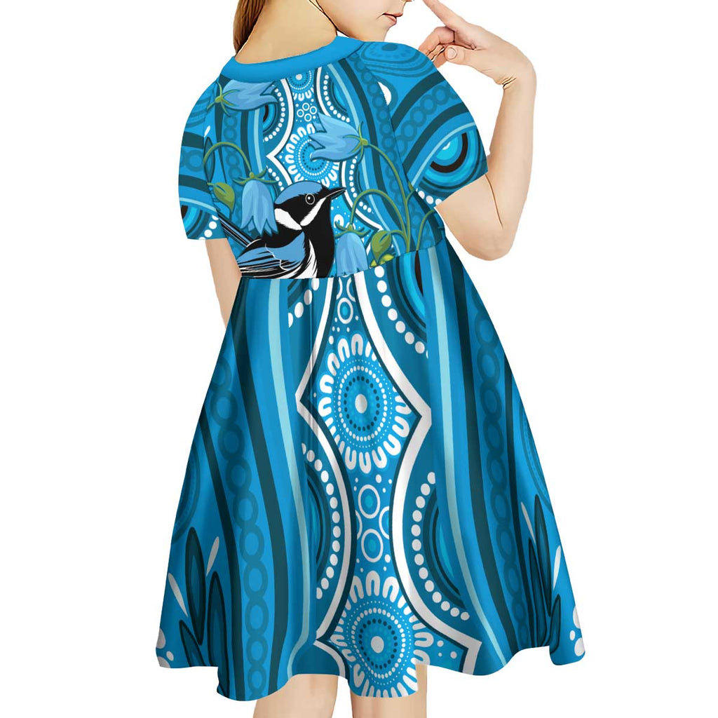 Australia Bluebell Creeper With Superb Blue Wren Kid Short Sleeve Dress Aboriginal Art