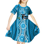 Australia Bluebell Creeper With Superb Blue Wren Kid Short Sleeve Dress Aboriginal Art