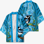 Australia Bluebell Creeper With Superb Blue Wren Kimono Aboriginal Art - Aussie Hoodie