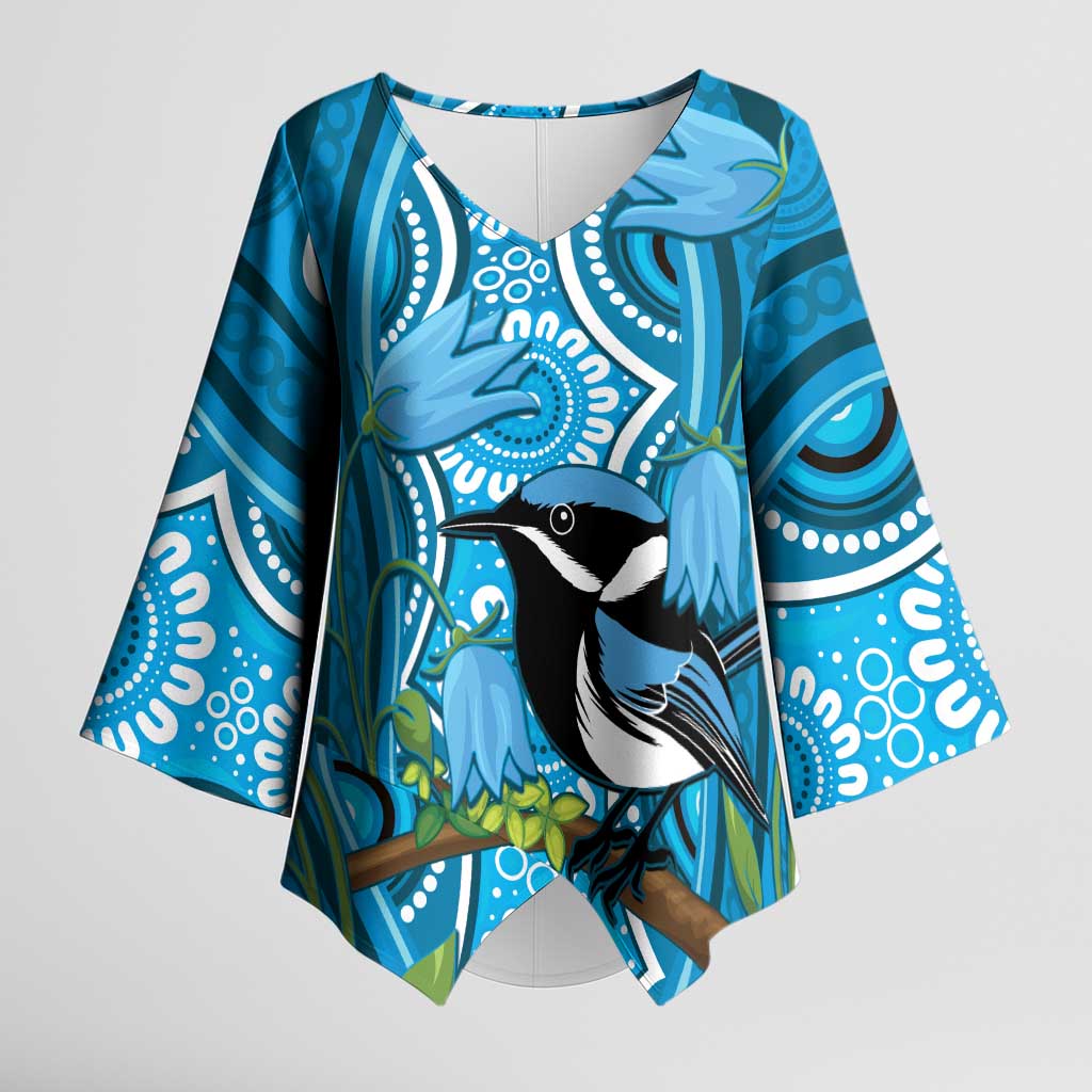 Australia Bluebell Creeper With Superb Blue Wren Kimono Sleeve Blouse Aboriginal Art - Aussie Hoodie