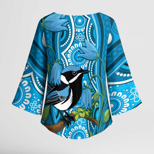 Australia Bluebell Creeper With Superb Blue Wren Kimono Sleeve Blouse Aboriginal Art - Aussie Hoodie