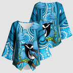 Australia Bluebell Creeper With Superb Blue Wren Kimono Sleeve Blouse Aboriginal Art - Aussie Hoodie