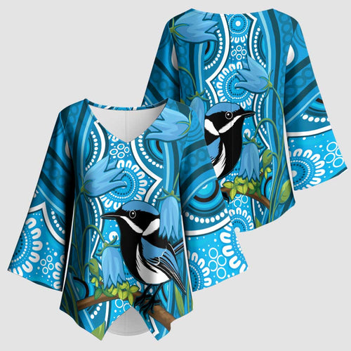 Australia Bluebell Creeper With Superb Blue Wren Kimono Sleeve Blouse Aboriginal Art - Aussie Hoodie