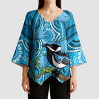 Australia Bluebell Creeper With Superb Blue Wren Kimono Sleeve Blouse Aboriginal Art - Aussie Hoodie