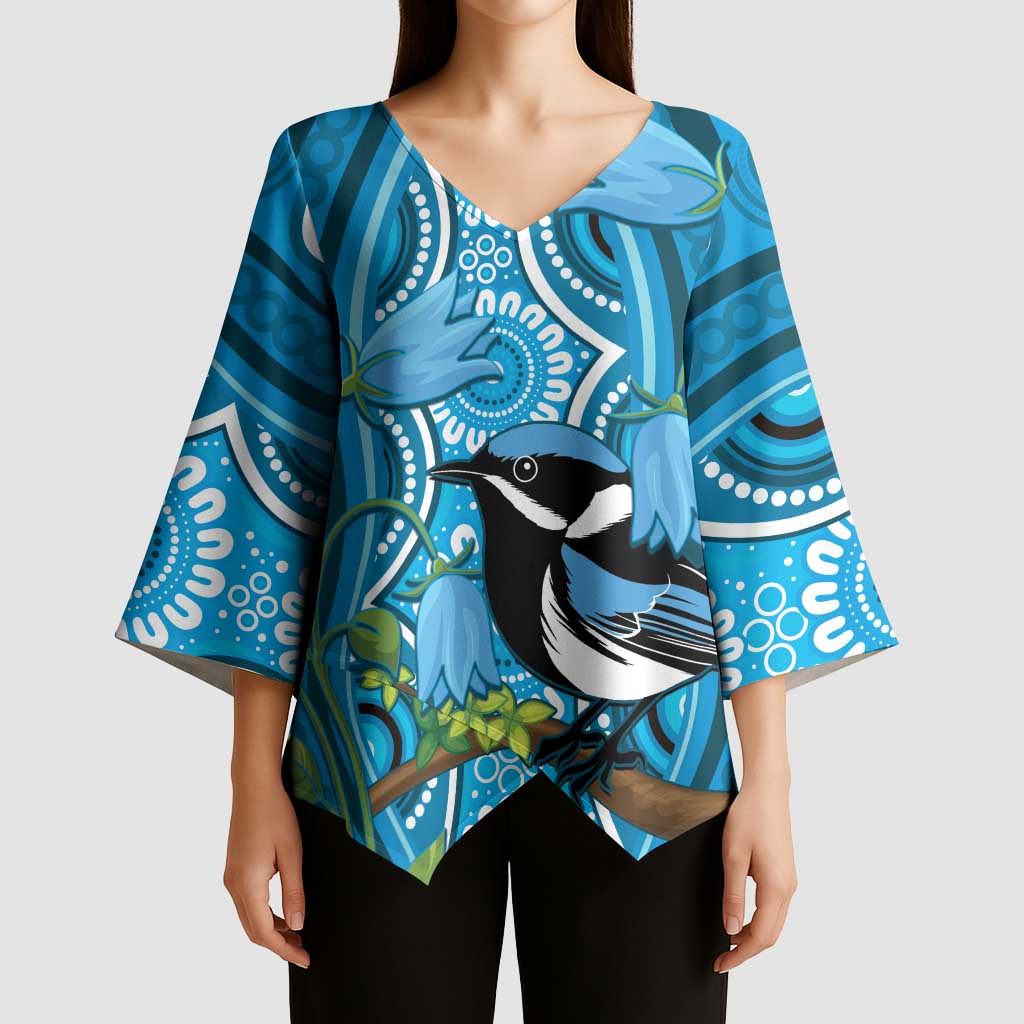 Australia Bluebell Creeper With Superb Blue Wren Kimono Sleeve Blouse Aboriginal Art - Aussie Hoodie