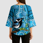 Australia Bluebell Creeper With Superb Blue Wren Kimono Sleeve Blouse Aboriginal Art - Aussie Hoodie