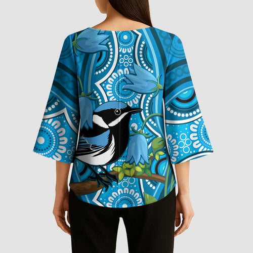 Australia Bluebell Creeper With Superb Blue Wren Kimono Sleeve Blouse Aboriginal Art - Aussie Hoodie