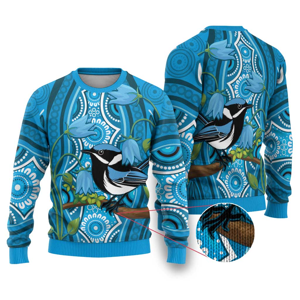 Australia Bluebell Creeper With Superb Blue Wren Ugly Christmas Sweater Aboriginal Art - Aussie Hoodie
