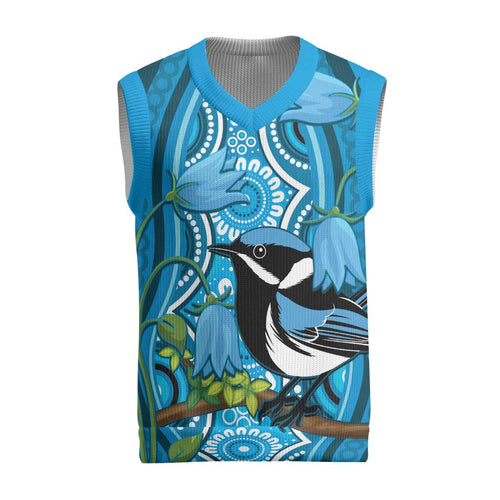 Australia Bluebell Creeper With Superb Blue Wren Christmas Knitted V-Neck Vest Aboriginal Art - Aussie Hoodie