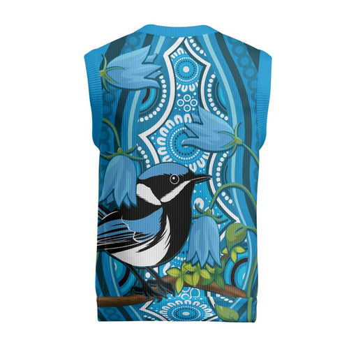 Australia Bluebell Creeper With Superb Blue Wren Christmas Knitted V-Neck Vest Aboriginal Art - Aussie Hoodie