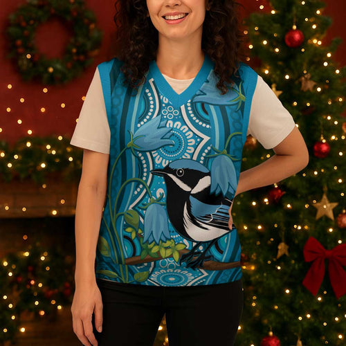 Australia Bluebell Creeper With Superb Blue Wren Christmas Knitted V-Neck Vest Aboriginal Art - Aussie Hoodie