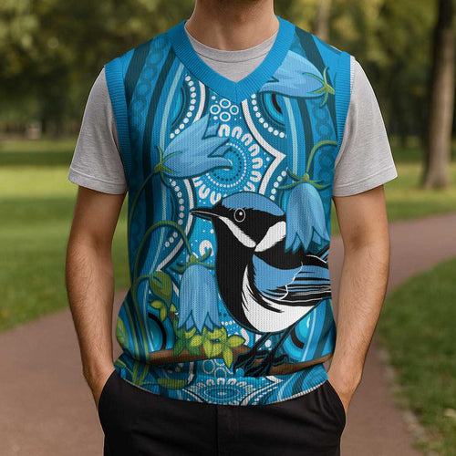 Australia Bluebell Creeper With Superb Blue Wren Christmas Knitted V-Neck Vest Aboriginal Art - Aussie Hoodie