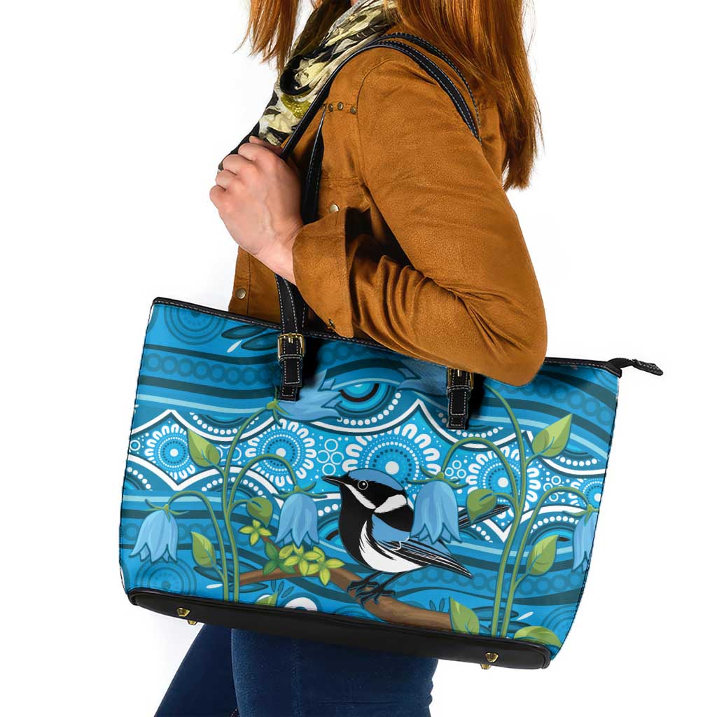 Australia Bluebell Creeper With Superb Blue Wren Leather Tote Bag Aboriginal Art