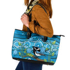 Australia Bluebell Creeper With Superb Blue Wren Leather Tote Bag Aboriginal Art