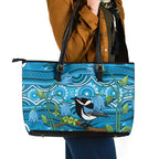 Australia Bluebell Creeper With Superb Blue Wren Leather Tote Bag Aboriginal Art