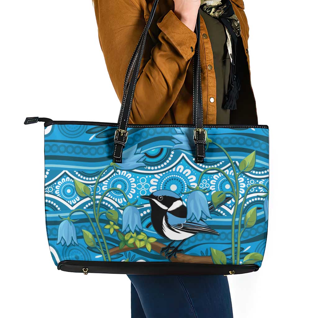 Australia Bluebell Creeper With Superb Blue Wren Leather Tote Bag Aboriginal Art