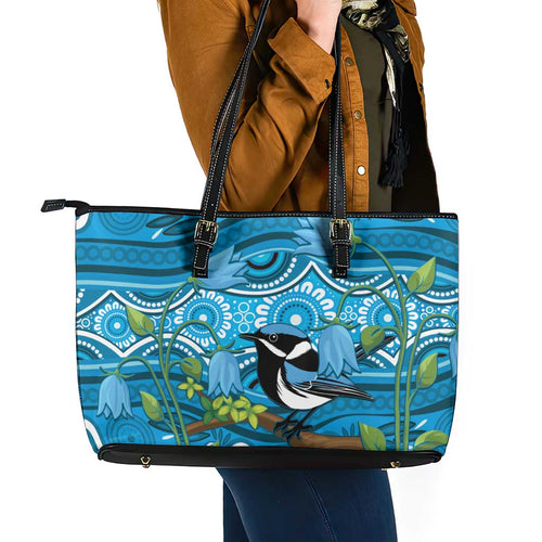 Australia Bluebell Creeper With Superb Blue Wren Leather Tote Bag Aboriginal Art