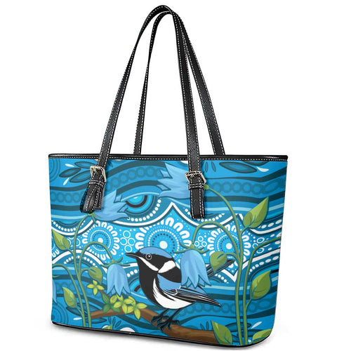 Australia Bluebell Creeper With Superb Blue Wren Leather Tote Bag Aboriginal Art