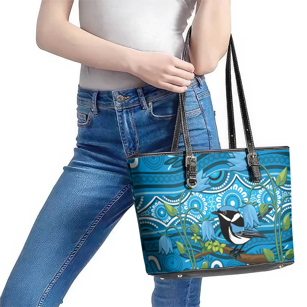 Australia Bluebell Creeper With Superb Blue Wren Leather Tote Bag Aboriginal Art