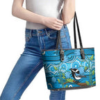 Australia Bluebell Creeper With Superb Blue Wren Leather Tote Bag Aboriginal Art
