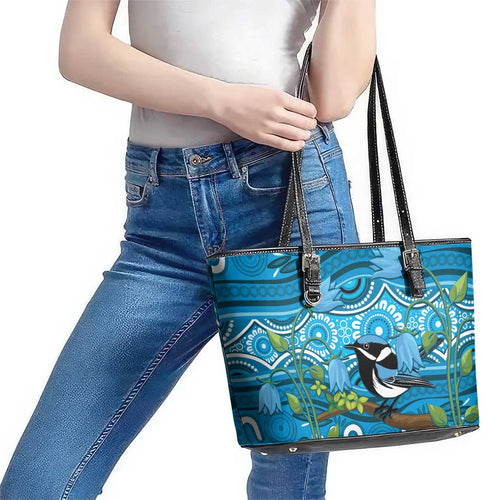 Australia Bluebell Creeper With Superb Blue Wren Leather Tote Bag Aboriginal Art