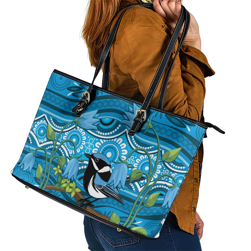 Australia Bluebell Creeper With Superb Blue Wren Leather Tote Bag Aboriginal Art