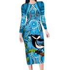 Australia Bluebell Creeper With Superb Blue Wren Long Sleeve Bodycon Dress Aboriginal Art