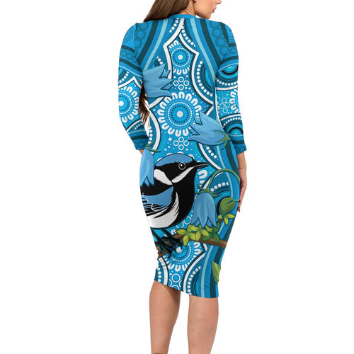 Australia Bluebell Creeper With Superb Blue Wren Long Sleeve Bodycon Dress Aboriginal Art