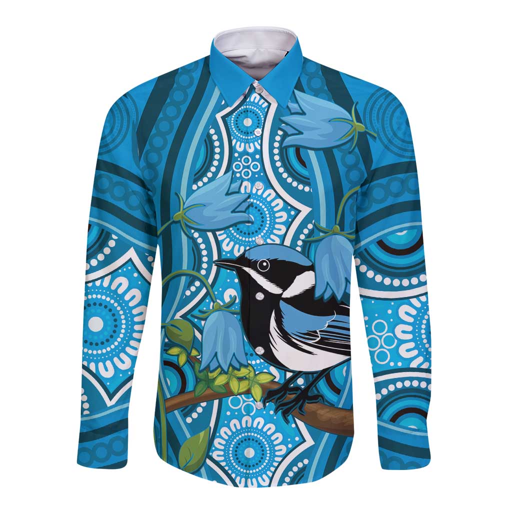 Australia Bluebell Creeper With Superb Blue Wren Long Sleeve Button Shirt Aboriginal Art