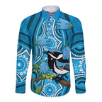 Australia Bluebell Creeper With Superb Blue Wren Long Sleeve Button Shirt Aboriginal Art