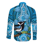 Australia Bluebell Creeper With Superb Blue Wren Long Sleeve Button Shirt Aboriginal Art