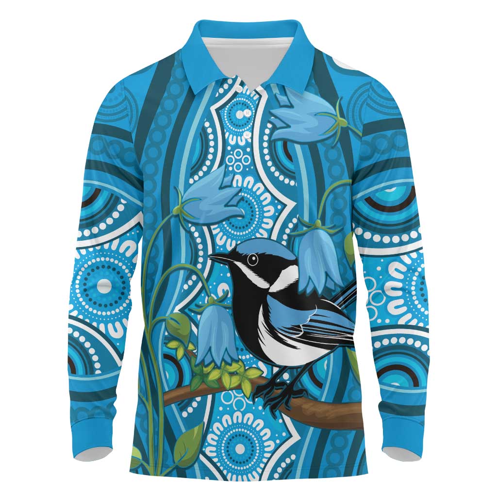 Australia Bluebell Creeper With Superb Blue Wren Long Sleeve Polo Shirt Aboriginal Art