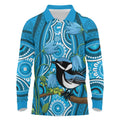 Australia Bluebell Creeper With Superb Blue Wren Long Sleeve Polo Shirt Aboriginal Art